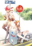  1boy 1girl absurdres baihua_er black_shirt blue_shorts bus_stop dappled_sunlight full_body glasses highres holding holding_phone original phone pink_hair road_sign saiki_kusuo saiki_kusuo_no_psi_nan shirt shoes short_hair shorts sign sitting sneakers standing suitcase sunlight tree 