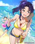  1boy 1girl absurdres artist_name beach beer_can bikini blush breasts can cellphone cleavage cross cross_earrings cutoffs denim denim_shorts dragging earrings english_text fisheye from_above highres holding holding_can ikari_shinji jewelry katsuragi_misato large_breasts long_hair navel necklace neon_genesis_evangelion ocean open_mouth outdoors phone ponytail purple_hair red_eyes red_nails scar short_shorts shorts smile snegovski speech_bubble swimsuit unconscious water whistle yellow_bikini 
