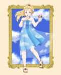  1girl blonde_hair blue_dress blue_eyes cloud dress feet final_fantasy final_fantasy_v food full_body hair_ornament highres jewelry krile_mayer_baldesion_(ff5) long_hair nail_polish necklace open_mouth picture_frame ponytail solo tachibana_mayura toes 
