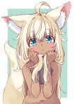  1girl ahoge animal_ear_fluff animal_ears black_shirt blonde_hair blue_eyes blush dark-skinned_female dark_skin fox_ears fox_girl fox_tail hands_on_own_face highres holding holding_hair long_hair looking_at_viewer manabe_mana navel original shirt sleeveless sleeveless_shirt solo tail upper_body 