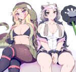  2girls african_rock_python_(kemono_friends) ahoge animal_ears bear_ears bear_girl bear_paw_hammer black_bra black_hair blonde_hair blush bra breasts brown_eyes cleavage extra_ears ezo_brown_bear_(kemono_friends) fur_bracelet gloves grey_hair headband highres hood hood_up hooded_jacket huge_breasts jacket kemono_friends kemono_friends_3 long_hair long_sleeves looking_at_viewer mamiyama multicolored_hair multiple_girls open_clothes open_jacket print_jacket purple_eyes purple_hair shirt skirt smile snake_hood snake_print snake_tail tail twintails two-tone_hair underwear 