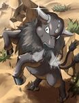  black_eyes closed_mouth commentary_request day highres horns jira_(ziraiya26) no_humans outdoors paldean_tauros plant pokemon pokemon_(creature) rock sand solo 