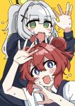  2girls @_@ absurdres ahoge black_hoodie blue_archive blue_eyes blush_stickers cross_hair_ornament double_bun green_eyes grey_hair hair_between_eyes hair_bun hair_ornament halo hare_(blue_archive) highres hood hood_down hoodie kuzuuo long_hair long_sleeves looking_at_viewer maki_(blue_archive) multiple_girls open_mouth orange_background ponytail red_hair shirt short_hair short_sleeves simple_background sweat upper_body white_shirt 