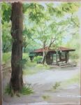  blue_sky day english_text forest grass highres nature no_humans nori02222 original painting_(medium) park scenery shelter sky traditional_media tree watercolor_(medium) 