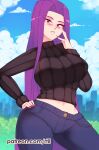  1girl absurdres artist_name black_sweater blue_sky blush breasts cloud commentary contrapposto cowboy_shot crop_top day english_commentary fate/stay_night fate_(series) fingernails forehead hand_on_own_face hand_on_own_hip highres impossible_clothes impossible_sweater large_breasts long_fingernails long_hair long_sleeves looking_at_viewer medusa_(fate) medusa_(rider)_(fate) midriff nail_polish navel outdoors pants parted_lips patreon_username pink_nails purple_eyes purple_hair ribbed_sweater rtil sky solo sweater turtleneck turtleneck_sweater very_long_hair 
