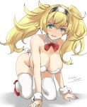  1girl alternate_costume artist_name blonde_hair blue_eyes blush bow bowtie breasts cleavage dated detached_collar fake_tail gakky gambier_bay_(kancolle) grey_hairband hairband highres kantai_collection kneeling large_breasts leotard long_hair on_ground one-hour_drawing_challenge open_mouth playboy_bunny red_bow red_bowtie red_footwear simple_background solo tail thighhighs twintails white_background white_leotard white_thighhighs wrist_cuffs 