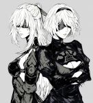  2b_(nier:automata) 2girls blindfold breasts chinese_clothes cleavage cleavage_cutout clothing_cutout english_commentary greyscale high_ponytail highres honkai:_star_rail honkai_(series) jingliu_(honkai:_star_rail) long_hair long_sleeves luxearte medium_breasts mole mole_on_breast mole_under_mouth monochrome multiple_girls nier:automata nier_(series) parted_lips ponytail short_hair upper_body 