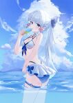  1girl absurdres bikini blue_bikini blue_eyes blue_nails blue_ribbon blue_sky blunt_bangs blunt_tresses breasts chinese_commentary cleavage cloud cloudy_sky commentary_request cumulonimbus_cloud day food genshin_impact grey_hair hair_ornament hair_ribbon hand_up highres holding holding_food holding_ice_cream ice_cream kamisato_ayaka knrock long_hair looking_at_viewer looking_back o-ring o-ring_thigh_strap ocean open_mouth outdoors ponytail popsicle ribbon sky small_breasts solo swimsuit tassel tassel_hair_ornament thigh_strap wading 