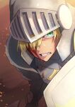  1girl armor blood blood_on_clothes blood_on_face clenched_teeth embers fate_(series) from_above full_armor gareth_(fate) gauntlets hair_over_one_eye haruakira helmet highres holding holding_weapon injury knight looking_at_viewer short_hair solo sweatdrop teeth weapon 