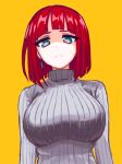  1girl breasts closed_mouth dangle_earrings earrings green_eyes grey_sweater hcnone jewelry large_breasts looking_at_viewer original red_hair ribbed_sweater short_hair simple_background solo sweater turtleneck turtleneck_sweater upper_body yellow_background 