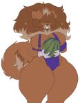  absurd_res anthro areola_outline big_breasts breasts brown_body brown_fur canid canine canis chubby_female clothing covered_eyes demyface domestic_dog female fluffy fluffy_tail food fruit fur gloves handwear hi_res huge_breasts juno_(charliecorvinus) livestock_guardian_dog mammal melon molosser mountain_dog overalls overalls_only pastoral_dog plant raised_tail solo tail thick_thighs tibetan_mountain_dog tight_clothing watermelon 