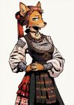  anthro bottomwear canid canine cerbera clothed clothing detailed_clothing female fox hands_together headgear hi_res jewelry looking_at_viewer mammal necklace simple_background skirt smile smiling_at_viewer solo white_background 