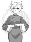  1girl animal_ear_fluff animal_ears braid chin_bell china_dress chinese_clothes closed_mouth commentary double_bun dress greyscale hair_bun highres long_sleeves looking_at_viewer mio_(xenoblade) monochrome palm-fist_greeting smile solo upper_body white_background wide_sleeves xenoblade_chronicles_(series) xenoblade_chronicles_3 