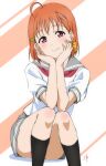  1girl ahoge arms_on_knees braid closed_mouth clover_hair_ornament commentary convenient_leg hair_ornament hair_ribbon hands_on_own_cheeks hands_on_own_face head_rest head_tilt highres light_blush looking_at_viewer love_live! love_live!_sunshine!! nagi_mkrnpn orange_hair red_eyes ribbon school_uniform short_hair side_braid signature sitting sketch smile solo striped striped_background summer_uniform thighs uranohoshi_school_uniform 