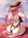  1girl absurdres ass back_cutout barefoot beach beach_towel bow breasts butt_crack closed_mouth clothing_cutout cloud food fruit genshin_impact hand_up hat hat_bow highres kenka_(user_hrjm2543) large_breasts long_hair looking_back low-tied_long_hair pink_hair purple_eyes sitting sky smile solo starfish sun_hat swimsuit thighs towel very_long_hair watermelon yae_miko 