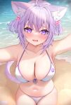  1girl ahoge animal_ears beach bikini breasts cat_ears cat_tail hair_bobbles hair_ornament highres hololive large_breasts navel neco_meito nekomata_okayu ocean purple_eyes purple_hair signature swimsuit tail virtual_youtuber wet white_bikini 