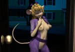  anthro bite biting_lip blonde_hair breasts chip_&#039;n_dale_rescue_rangers clothed clothing disney exposed_breasts female gadget_hackwrench hair hi_res joelsfm looking_at_viewer mammal mouse murid murine nipples rodent smile smirk solo tail 