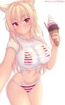  1girl animal_ears bikini blonde_hair blush breasts cat_ears cat_girl collarbone food highres holding holding_food holding_ice_cream ice_cream large_breasts long_hair looking_at_viewer navel nottytiffy original parted_lips patreon_username red_eyes shirt short_sleeves simple_background slit_pupils smile solo stomach striped striped_bikini swimsuit teeth thighs tiffy_(nottytiffy) white_background white_shirt 