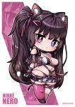  1girl :&lt; animal_ears bare_shoulders bikini black_bikini black_gloves black_nails black_skirt blue_eyes blush breasts brown_hair cat_ears cat_girl cat_tail character_name chest_harness chibi cleavage closed_mouth commentary_request copyright_name fingerless_gloves full_body gloves goddess_of_victory:_nikke groin hair_between_eyes hair_ribbon harness heterochromia kurono large_breasts long_hair looking_at_viewer navel nero_(nikke) pink_eyes pink_ribbon pink_thighhighs pouch ribbon sidelocks single_thighhigh skindentation skirt solo standing stomach string_bikini swimsuit tail thighhighs twintails twitter_username two-tone_bikini two-tone_skirt white_bikini white_skirt zoom_layer 