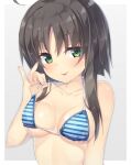  1girl :p ahoge akishisu_(air_balance) bare_shoulders bikini bikini_pull black_hair blue_bikini blush breasts breasts_apart closed_mouth clothes_pull collarbone eyelashes fingernails green_eyes halterneck hitachi_mako large_breasts looking_at_viewer midriff parted_bangs pulled_by_self seductive_smile senren_banka short_hair_with_long_locks smile solo straight_hair striped striped_bikini swimsuit tongue tongue_out upper_body 