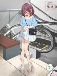  1girl arm_at_side artist_name bag bench blue_shirt blush cellphone clothes_writing collarbone commentary_request embarrassed escalator flat_chest full_body glasses handbag heel_up highres indoors kakuremino7928 knees_together_feet_apart legs looking_to_the_side miniskirt nail_polish one_eye_closed open_mouth orange_eyes original phone pink_nails pleated_skirt public_indecency purple_hair raised_eyebrows red-framed_eyewear remote_control_vibrator sandals semi-rimless_eyewear sex_toy shirt shirt_tucked_in short_hair short_sleeves shoulder_bag sidelocks sign signature skirt smartphone solo speech_bubble stairs standing sweat thighs tile_floor tiles toenail_polish toenails translation_request trembling twitter_username vibrator vibrator_under_clothes white_footwear white_skirt wince 