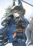  1girl :d animal_ear_fluff animal_ears arknights arm_up armored_boots black_jacket black_pants blush boots brown_shirt collared_shirt commentary_request dress_shirt gloves grani_(arknights) grey_gloves grey_hair hair_between_eyes highres holding holding_weapon jacket knee_boots long_hair looking_at_viewer mg42cat-k1ng open_clothes open_jacket pants ponytail purple_eyes revision shirt smile solo teeth upper_teeth_only weapon 