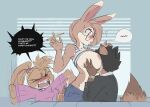  anthro areola big_breasts blush breast_grab breasts brown_body brown_fur dialogue english_text eyewear female fur glasses hand_on_breast hi_res lagomorph leporid male male/female mammal mcfli rabbit text wearing_glasses 