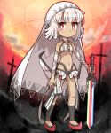  1girl altera_(fate) bare_shoulders blush breasts bright_pupils choker closed_mouth dark-skinned_female dark_skin detached_sleeves fate/grand_order fate_(series) frown full-body_tattoo headdress highres holding holding_sword holding_weapon ka_zhi midriff moon navel photon_ray_(fate) red_eyes red_footwear short_hair small_breasts solo sword tattoo weapon white_hair white_pupils 