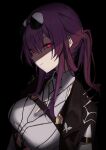  1girl absurdres black_background breasts closed_mouth eyewear_on_head hair_between_eyes highres honkai:_star_rail honkai_(series) jacket kafka_(honkai:_star_rail) large_breasts long_hair looking_at_viewer purple_hair red_eyes round_eyewear shaded_face sidelocks simple_background solo sunglasses syhan upper_body 