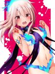  1girl bare_shoulders blue_fire blush body_markings bracelet breasts cosplay earrings fate/kaleid_liner_prisma_illya fate_(series) fire flower hair_between_eyes highres illyasviel_von_einzbern jewelry kama_(fate) kama_(swimsuit_avenger)_(fate) kama_(swimsuit_avenger)_(fate)_(cosplay) kama_(swimsuit_avenger)_(third_ascension)_(fate) long_hair looking_at_viewer lotus mochi_(k620803n) multicolored_hair navel open_mouth purple_hair red_eyes revealing_clothes revision ribbon sidelocks small_breasts solo star_(symbol) star_earrings two-tone_hair white_hair 