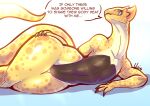  absurd_res anthro clothed clothing dialogue dungeons_and_dragons female flat_chested hasbro hi_res inviting leotard lizard lizardfolk_(dnd) lizardman lluisabadias lying on_side partially_clothed reptile scales scalie seductive solo speech_bubble thick_thighs tight_clothing wide_hips wizards_of_the_coast ya&#039;hiss yellow_body yellow_scales 