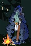  animated anthro blue_body bottomwear campfire clothing dragon hi_res levi_(seline) loincloth male melee_weapon shirokame solo sword weapon 