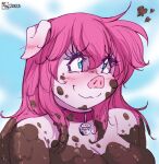  &lt;3 2023 anthro blue_eyes blush breasts bust_portrait collar dirty_talk domestic_pig doronkomajo eyebrows eyelashes female hair hi_res mammal mud muddy nude pink_body pink_hair portrait smile solo suid suina sus_(pig) 