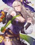  1girl ai_tkkm belt black_dress black_hairband breasts brown_belt cleavage commentary_request corrin_(female)_(fire_emblem) corrin_(female)_(halloween)_(fire_emblem) corrin_(fire_emblem) crossed_belts detached_sleeves dress earrings fingernails fire_emblem fire_emblem_fates fire_emblem_heroes floating_hair grey_background grey_hair hair_between_eyes hairband halloween halloween_costume hat highres jewelry long_hair looking_at_viewer medium_breasts official_alternate_costume open_mouth pointy_ears purple_nails red_eyes smile solo teeth upper_teeth_only wavy_hair witch witch_hat 