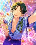  1boy belt breast_pocket buttons collared_shirt comic_world_(ensemble_stars!) cowgirl_position diagonal-striped_necktie ensemble_stars! fingernails flower green_eyes green_hair happy_elements hasumi_keito highres indoors looking_at_viewer male_focus necktie official_art open_collar open_mouth orange_flower pants partially_unbuttoned pink_flower pink_rose plaid plaid_pants pocket pov rose shirt short_hair short_sleeves solo straddling third-party_source undone_necktie water wet wet_clothes wet_shirt window 