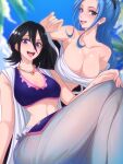  2girls absurdres black_hair bleach blue_eyes blue_hair breasts cleavage company_connection cosplay costume_switch crossover highres kuchiki_rukia large_breasts long_hair medium_breasts multiple_girls nefertari_vivi one_piece opalis open_mouth ponytail purple_eyes sarashi shinigami short_hair sitting small_breasts smile 