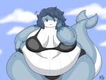  2018 3_fingers 4:3 anthro batspid2 belly big_belly big_breasts bikini biped black_clothing black_eyebrows black_eyelashes black_eyes black_swimwear blue_body blue_hair blue_skin blush blush_lines breasts cel_shading cetacean cleavage clothed clothing cloudscape digital_drawing_(artwork) digital_media_(artwork) embarrassed eyebrows female fingers front_view glistening gloves_(marking) hair hand_behind_back hand_on_face hawt_(x_no_na_x) looking_aside love_handles mammal marine markings midriff multicolored_body multicolored_skin obese obese_anthro obese_female overweight overweight_anthro overweight_female portrait shaded short_hair signature sky smile solo spots spotted_markings swimwear tail thick_thighs three-quarter_portrait white_body white_skin wide_hips 