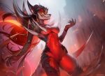  anthro big_breasts breasts canid canid_demon canine canis curvy_figure darkin demon detailed_background digital_media_(artwork) featureless_crotch female fingers fur glowing glowing_eyes hair hi_res kardie league_of_legends mammal naafiri_(lol) nipples nude pose red_body riot_games smile solo spikes standing tail thick_thighs 