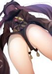  1girl ass black_headwear brown_hair from_below fumihiko_(fu_mihi_ko) genshin_impact hat highres hu_tao_(genshin_impact) long_hair long_sleeves partially_visible_vulva shorts solo staff_of_homa_(genshin_impact) standing sweat tassel thighs twintails very_long_hair white_background 