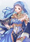  1girl :d armlet bare_shoulders blue_dress blue_hair book bracelet braid breasts brown_eyes commentary_request cowboy_shot crown_braid dancer_(three_houses) dress earrings fire_emblem fire_emblem:_three_houses fire_emblem_heroes hand_up highres holding holding_book jewelry long_hair looking_at_viewer marianne_von_edmund medium_breasts neck_ring official_alternate_costume official_alternate_hairstyle open_mouth single-shoulder_dress smile solo standing thighlet thighs very_long_hair yutohiroya 