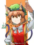  1girl animal_ear_fluff animal_ears arm_up bow bowtie brown_eyes brown_hair cat_ears cat_tail chen closed_mouth earrings flame-tipped_tail frills gold_trim green_headwear hair_between_eyes hand_on_own_hip hand_up hat highres jewelry mob_cap multiple_tails nekomata onionmay orange_background red_vest short_hair simple_background single_earring smile solo tail touhou two_tails upper_body vest white_background white_bow white_bowtie 