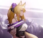  1girl animal_ear_fluff animal_ears arknights black_bow blonde_hair blurry blurry_background bow commentary detached_collar dress extra_ears from_side grey_background hair_bow highres horse_ears horse_girl knight looking_afar official_alternate_costume ponytail profile purple_bow purple_eyes purple_sash ruyu_(txzy22) sash smile solo upper_body whislash_(arknights) whislash_(glory_purple)_(arknights) white_dress 