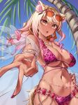  1girl absurdres animal_ears animal_print bare_shoulders belly_chain bikini blonde_hair blue_sky blush bracelet breasts cleavage collarbone dark-skinned_female dark_skin eyewear_on_head fate/grand_order fate_(series) fox_ears fox_girl fox_tail gradient_hair highres jewelry large_breasts leopard_print long_hair looking_at_viewer multicolored_hair navel necklace open_mouth outstretched_arm palm_tree pink_bikini pink_hair ratoona_ab sash see-through sidelocks sky solo sunglasses suzuka_gozen_(fate) suzuka_gozen_(swimsuit_rider)_(fate) swimsuit tail tan tree v yellow_eyes 