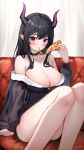  1girl bare_shoulders blush breasts collarbone dress eating food hair_between_eyes highres holding holding_food holding_pizza horns large_breasts long_hair long_sleeves looking_at_viewer off-shoulder_dress off_shoulder original pizza pointy_ears shuvi_(shuvi1125) sidelocks solo thighs 