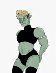  abs ambiguous_gender armband blonde_hair chalomolinaa clothing crop_top drawfee_(copyright) drawtectives ear_piercing green_body green_skin gyorik_rogdul hair hi_res humanoid humanoid_pointy_ears legwear muscular muscular_humanoid orc panties piercing shirt solo thigh_highs tight_clothing topwear undercut underwear 