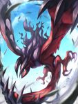  absurdres blue_eyes blue_sky claws cloud commentary_request day falling_leaves flying highres horns leaf pokemon pokemon_(creature) ririri_(user_rkrv7838) sky solo talons yveltal 