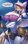  anthro big_breasts blush breasts canid canine clothed clothing disney female fox fur hi_res looking_at_viewer maid_marian mammal melee_weapon mleonheart red_fox robin_hood_(disney) smile solo sword text weapon 