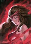  1girl animification breasts brown_hair closed_mouth headdress large_breasts long_hair marvel marvel_cinematic_universe phamoz red_aura red_eyes red_theme scarlet_witch single_bare_shoulder smile solo very_long_hair wanda_maximoff 