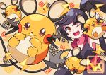  &gt;o&lt; ;d black_hair black_kimono dedenne detached_sleeves electricity furisode_girl_(pokemon) furisode_girl_kali highres japanese_clothes kimono long_hair looking_at_viewer one_eye_closed pokemon pokemon_(creature) pokemon_(game) pokemon_xy smile sutokame sweatdrop twintails yellow_eyes 