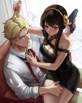  1boy 1girl absurdres black_hair blonde_hair blue_eyes blush breasts dagger dress dukkoart earrings formal gold_earrings gold_hairband green_suit gun hairband hetero highres holding holding_gun holding_weapon husband_and_wife jewelry knife long_hair long_sleeves red_eyes red_tie shirt short_hair sidelocks sitting sitting_on_lap sitting_on_person spy_x_family stiletto_(weapon) suit twilight_(spy_x_family) two-sided_dress two-sided_fabric weapon yor_briar 